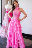 A Line Halter Neck Beaded Lace Long Pink Prom Dresses,DS111-Daisybridals