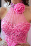 A Line Halter Neck Beaded Lace Long Pink Prom Dresses,DS111-Daisybridals