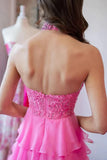 A Line Halter Neck Beaded Lace Long Pink Prom Dresses,DS111-Daisybridals