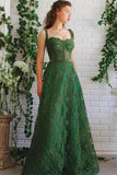 A Line Dark Green Lace Prom Dress Spaghetti Straps Formal Dress,DS214-Daisybridals