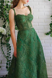 A Line Dark Green Lace Prom Dress Spaghetti Straps Formal Dress,DS214-Daisybridals