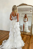 A Line Lace Tiered Sparkly Prom Dress White Evening Dress With Split,DS112-Daisybridals