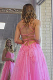 A Line Scoop Neck Hot Pink Tulle Prom Evening Dresses with Split PSK273 - Pgmdress