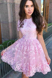 A Line Short Sleeve Lace Short Prom Dress Pink Homecoming Dress,DH157-Daisybridals