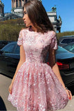 A Line Short Sleeve Lace Short Prom Dress Pink Homecoming Dress,DH157