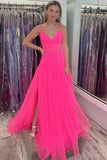 A Line Spaghetti Straps Hot Pink Long Tulle Prom Dress,DS118-Daisybridals