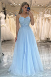 A Line Spaghetti Straps Tulle Blue Sparkly Prom Dress,DS119-Daisybridals