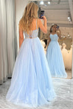 A Line Spaghetti Straps Tulle Blue Sparkly Prom Dress,DS119-Daisybridals