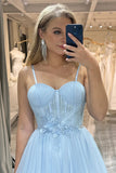 A Line Spaghetti Straps Tulle Blue Sparkly Prom Dress,DS119-Daisybridals