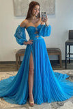 A Line Sweetheart Blue Long Chiffon Prom Dress With Split,DS121-Daisybridals