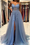 A Line V Neck Blue Prom Dress Formal Dress With Beading,DS124-Daisybridals