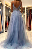 A Line V Neck Blue Prom Dress Formal Dress With Beading,DS124-Daisybridals