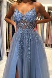 A Line V Neck Blue Prom Dress Formal Dress With Beading,DS124-Daisybridals