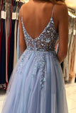 A Line V Neck Blue Prom Dress Formal Dress With Beading,DS124-Daisybridals