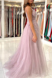 A Line V Neck Blue Prom Dress Formal Dress With Beading,DS124-Daisybridals