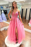 A Line V Neck Hot Pink Lace Long Prom Dress with Slit,DS125-Daisybridals