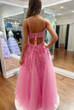 A Line V Neck Hot Pink Lace Long Prom Dress with Slit,DS125-Daisybridals