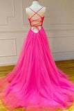 A Line V Neck Tulle Hot Pink Prom Dress Formal Dress,DS137-Daisybridals