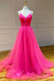 A Line V Neck Tulle Hot Pink Prom Dress Formal Dress,DS137-Daisybridals