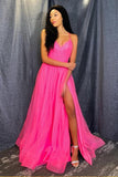 A Line V Neck Tulle Hot Pink Prom Dress Formal Dress,DS137-Daisybridals