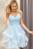 A Line V Neck Short Prom Dresses Blue Homecoming Dresses,DH104