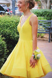 A Line V Neck Short Yellow Prom Dresses Satin Homecoming Dresses PD467 - Daisybridals