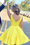 A Line V Neck Short Yellow Prom Dresses Satin Homecoming Dresses PD467 - Daisybridals