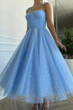 Tulle Sequins Tea Length Party Dress Blue Homecoming Dress,DH166