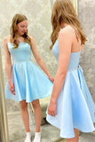 Blue Satin Beads Short Prom Dress Blue Homecoming Dress,DH160