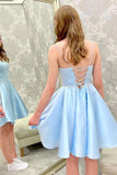 Blue Satin Beads Short Prom Dress Blue Homecoming Dress,DH160-Daisybridals