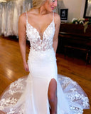 Charming Mermaid Wedding Dresses White Wedding Dress With Slit,DW008-Daisybridals