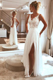Charming Spaghetti straps Appliques Lace Split Beach Wedding Dress,DW058