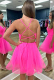 Criss Cross Back Hot Pink Straps A-Line Tulle Homecoming Dress PD487-Daisybridals
