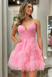 Cute A-Line Spaghetti Straps  Pink Tulle Homecoming Party Dress PD481-Daisybridals
