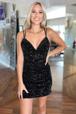 Cute Black V Neck Backless Sequins Tight Homecoming Dresses PD486-Daisybridals