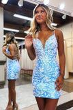 Cute Bodycon V Neck Blue Lace Tight Homecoming Dresses,DH119