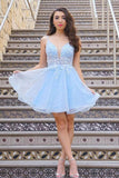 V Neck Light Blue Floral Short Prom Cute Homecoming Dress,DH183-Daisybridals