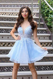 V Neck Light Blue Floral Short Prom Cute Homecoming Dress,DH183-Daisybridals