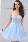 V Neck Light Blue Floral Short Prom Cute Homecoming Dress,DH183