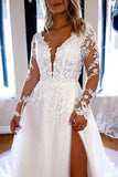 Elegant A-line V Neck Lace Long Sleeves Wedding Dresses WD588-Daisybridals