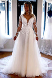 Elegant A-line V Neck Lace Long Sleeves Wedding Dresses WD588-Daisybridals