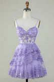 Glitter Lace Corset Ruffle Tiered Lavender Homecoming Dress,DH174