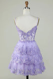 Glitter Lace Corset Ruffle Tiered Lavender Homecoming Dress,DH174-Daisybridals