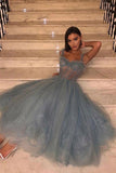 Tea Length Prom Dress Tulle Lace Gray Blue Homecoming Dress,DH193-Daisybridals