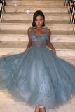 Tea Length Prom Dress Tulle Lace Gray Blue Homecoming Dress,DH193-Daisybridals