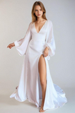 Ivory V-Neck Long Sleeve Wedding Dresses Simple Wedding Gown,DW044-Daisybridals