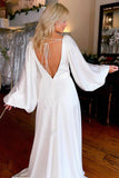 Ivory V-Neck Long Sleeve Wedding Dresses Simple Wedding Gown,DW044-Daisybridals