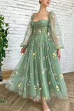 Embroidered Tulle dress Green Homecoming Dress Puffy Long Sleeve,DH179