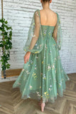 Embroidered Tulle dress Green Homecoming Dress Puffy Long Sleeve,DH179-Daisybridals