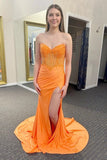 Mermaid Sweetheart Strapless Orange Prom Dress With Slit ,DS108-Daisybridals